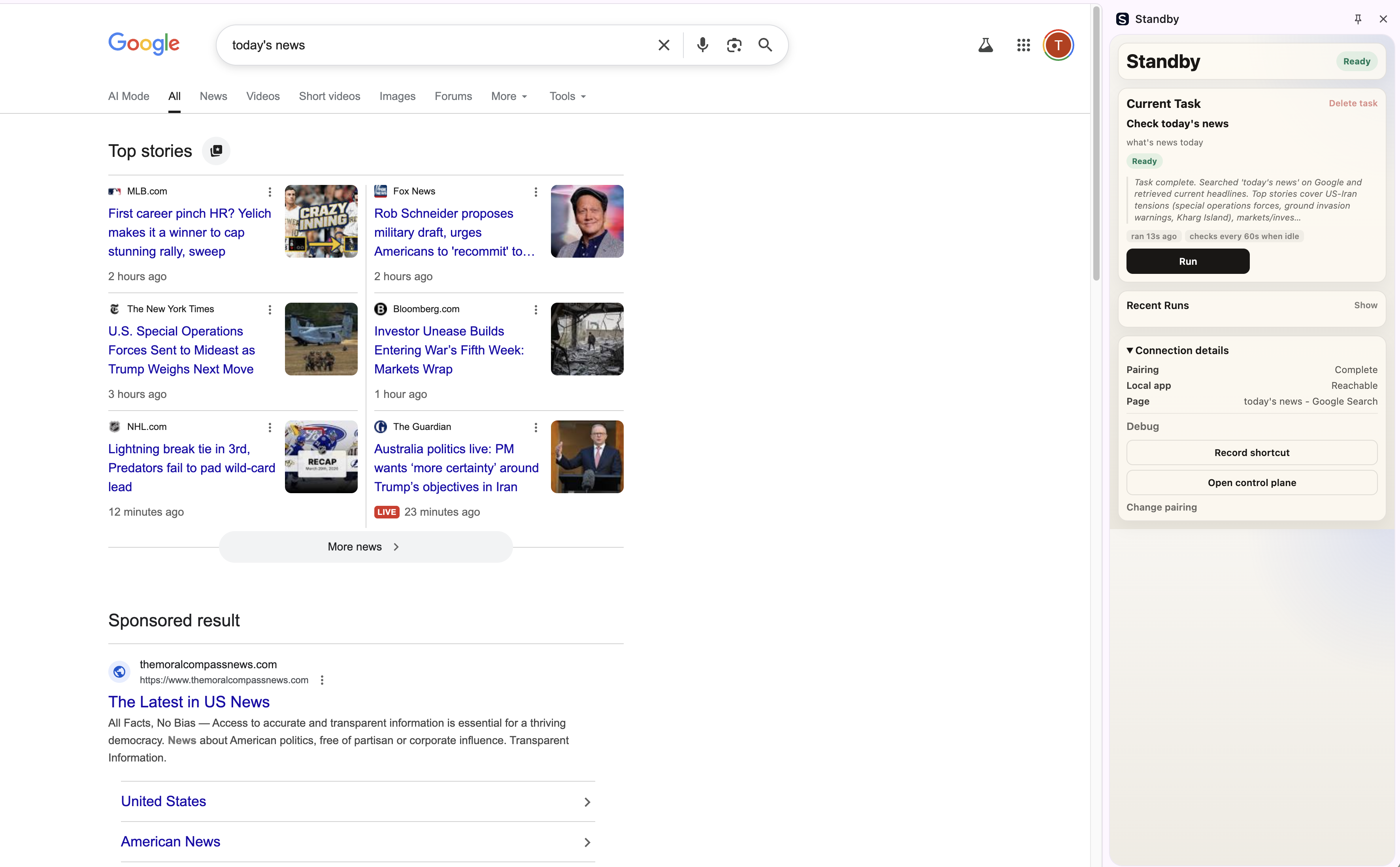 Standby side panel showing a completed news-checking task alongside Google search results